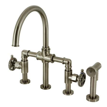 Kingston Brass KS2334CG Industrial Style Bridge Kitchen Faucet with Brass Sprayer, Black Stainless KS2334CG